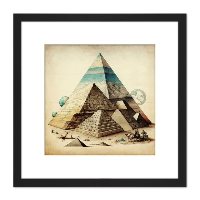 Artery8 Fantasy Worlds Great Pyramids Egypt Blueprint Plan Style Poster Square Wooden Framed Wall Art Print Picture 8X8 Inch in Black