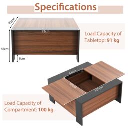 Costway 92 x 92cm Coffee Table w/ Sliding Top Square Center Table Extendable Cocktail Tea Table in Brown - Size: 92 x 92 cm - thumbnail 2