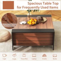 Costway 92 x 92cm Coffee Table w/ Sliding Top Square Center Table Extendable Cocktail Tea Table in Brown - Size: 92 x 92 cm - thumbnail 5