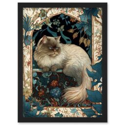 Artery8 Perched Himalayan Persian Cat Modern Art Nouveau Illustration Artwork Framed Wall Art Print A4 in Black - thumbnail 1