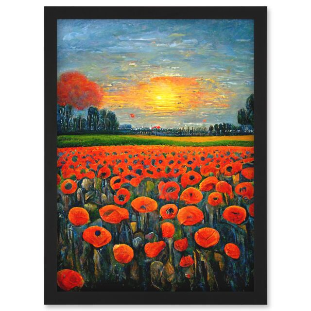 Artery8 Flanders Field At Sunset Expressionism Oil Paint Poppy Flowers Artwork Framed Wall Art Print A4 in Black - image 1