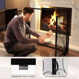 Costway 96x78CM Fireplace Screen Freestanding Metal Spark Guard Mesh Fire Guard Black - Size: 96x78 cm - thumbnail 5