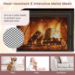 Costway 96x78CM Fireplace Screen Freestanding Metal Spark Guard Mesh Fire Guard Black - Size: 96x78 cm - thumbnail 3