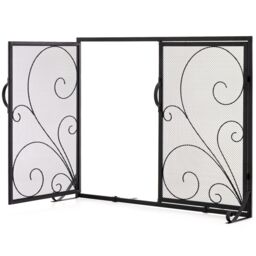 Costway 96x78CM Fireplace Screen Freestanding Metal Spark Guard Mesh Fire Guard Black - Size: 96x78 cm