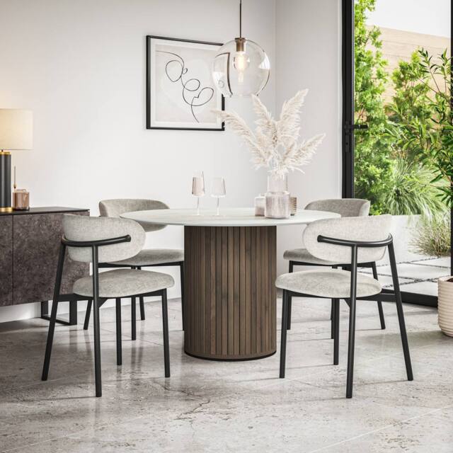 More4Homes Arlo White Marble Table Top W Walnut Legs + Myla Linen Dining Chair Set Of 4 in Grey - image 1