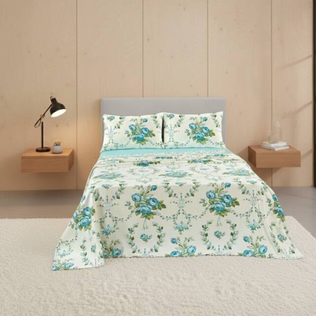 Snug City Soft Floral Brushed Cotton Fitted Flat Sheet & Matching Pillowcases in Blue - Size: Double - image 1