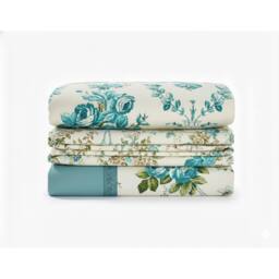 Snug City Soft Floral Brushed Cotton Fitted Flat Sheet & Matching Pillowcases in Blue - Size: Double - thumbnail 2