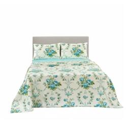 Snug City Soft Floral Brushed Cotton Fitted Flat Sheet & Matching Pillowcases in Blue - Size: Double - thumbnail 3