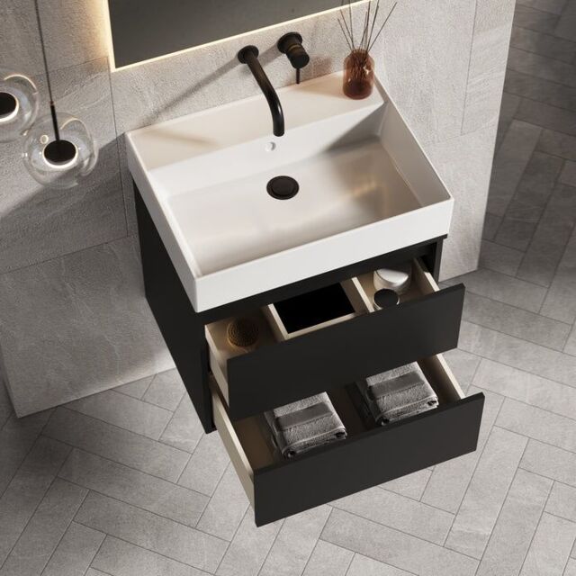 Banyetti Venti 600mm Wall Hung Vanity Unit with Veneto No Tap Hole Basin - Matt Black - image 1