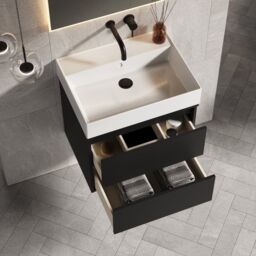 Banyetti Venti 600mm Wall Hung Vanity Unit with Veneto No Tap Hole Basin - Matt Black