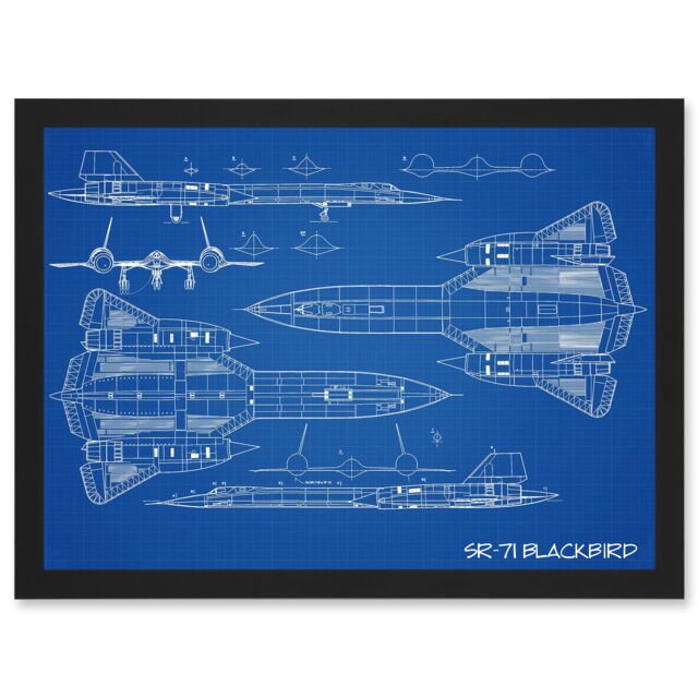 Artery8 SR-71 Blackbird Habu US Airforce Aircraft Spy Plane Blueprint Plan Artwork Framed Wall Art Print A4 in Black - image 1