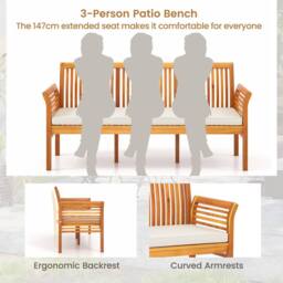 Gymax 3-Person Outdoor Bench Wooden Garden Bench With Seat Cushion Armrests in White - thumbnail 2