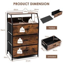 Costway 3 Drawer Dresser with with Top Shelf Foldable Drawer Chest Cabinet in Brown - thumbnail 2