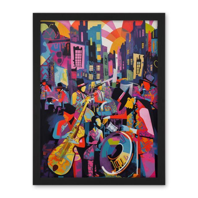 Artery8 Wall Art Print New Orleans Jazz Festival Street Musicians Playing Music City at Sunset Abstract Modern Painting Large Framed Wall Décor Art - image 1