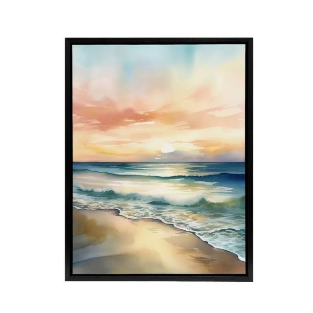 "Artery8 Serene Seashore Sunset Seascape Framed Canvas Wall Art Print in Blue - Size: W24"" x H32""" - image 1