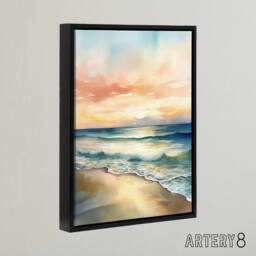 "Artery8 Serene Seashore Sunset Seascape Framed Canvas Wall Art Print in Blue - Size: W24"" x H32""" - thumbnail 2