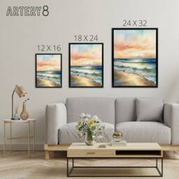 "Artery8 Serene Seashore Sunset Seascape Framed Canvas Wall Art Print in Blue - Size: W24"" x H32""" - thumbnail 4