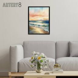 "Artery8 Serene Seashore Sunset Seascape Framed Canvas Wall Art Print in Blue - Size: W24"" x H32""" - thumbnail 3