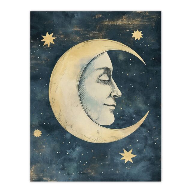 "Artery8 Man in Moon with Stars Drawing Vintage Peaceful Wall Art Print in Blue - Size: W18"" x H24""" - image 1