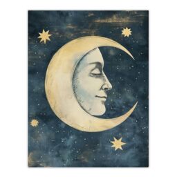 "Artery8 Man in Moon with Stars Drawing Vintage Peaceful Wall Art Print in Blue - Size: W18"" x H24""" - thumbnail 1