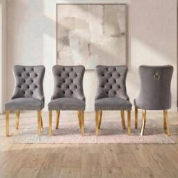 HomeTouch Set of 4 Lux Velvet Dining Chairs with Gold Steel Legs in Grey - Size: 4 Pack - thumbnail 1
