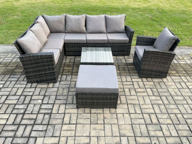 Fimous Rattan Garden Furniture Set Outdoor Lounge Corner Sofa Set With Square Coffee Table Big Footstool Armchair 8 Seater in Dark Grey - image 1