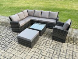 Fimous Rattan Garden Furniture Set Outdoor Lounge Corner Sofa Set With Square Coffee Table Big Footstool Armchair 8 Seater in Dark Grey - thumbnail 2