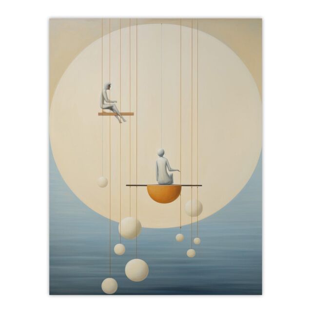 "Wee Blue Coo Wall Art Print The Night Shift Hanging the Moon & Stars Pastel Colour Tan Blue Conceptual Oil Painting Poster - Size: W18"" x H24""" - image 1