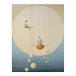 "Wee Blue Coo Wall Art Print The Night Shift Hanging the Moon & Stars Pastel Colour Tan Blue Conceptual Oil Painting Poster - Size: W18"" x H24""" - thumbnail 1