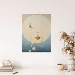 "Wee Blue Coo Wall Art Print The Night Shift Hanging the Moon & Stars Pastel Colour Tan Blue Conceptual Oil Painting Poster - Size: W18"" x H24""" - thumbnail 4