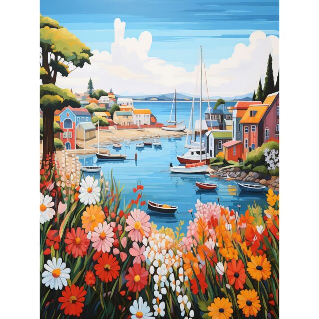 Artery8 Wall Art Print Idyllic Scenic Seaside Fishing Village Bright Oil Painting Orange Pink Blue Bathroom Floral Artwork Harbor Bay Boats Coastal - image 1