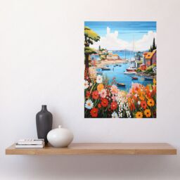 Artery8 Wall Art Print Idyllic Scenic Seaside Fishing Village Bright Oil Painting Orange Pink Blue Bathroom Floral Artwork Harbor Bay Boats Coastal - thumbnail 2