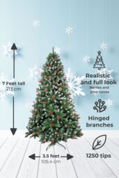 Neo 2.1 m 7 ft Christmas Xmas Tree Flocked Snowy Effect Fake Pine Cone Red Berries Metal Stand Flocked Tips in Dark Green - Size: 7ft - thumbnail 2