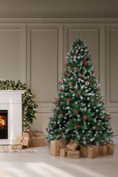 Neo 2.1 m 7 ft Christmas Xmas Tree Flocked Snowy Effect Fake Pine Cone Red Berries Metal Stand Flocked Tips in Dark Green - Size: 7ft