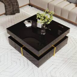 BTM High-Gloss Side Table with Drawer & Gold Accents in Black