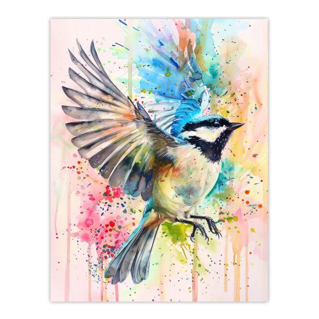 "Artery8 Bird in Flight Colourful Watercolour Painting Wall Art Print in Blue - Size: W18"" x H24""" - image 1