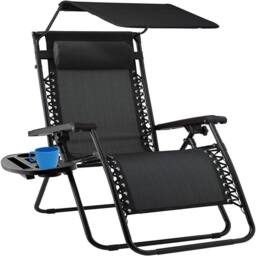 ATEK Zero Gravity Chair Foldable Reclining Garden Sun Lounger Adjustable Backrest Removable Headrest Cup Holder & Side Tray in Black - thumbnail 1