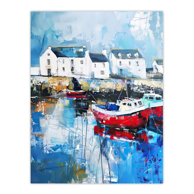 "Artery8 Boats Harbour Coastal Townscape Oil Painting Wall Art Print in Blue - Size: W12"" x H16""" - image 1