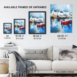 "Artery8 Boats Harbour Coastal Townscape Oil Painting Wall Art Print in Blue - Size: W12"" x H16""" - thumbnail 3