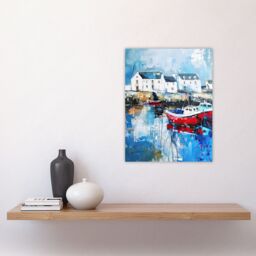 "Artery8 Boats Harbour Coastal Townscape Oil Painting Wall Art Print in Blue - Size: W12"" x H16""" - thumbnail 4
