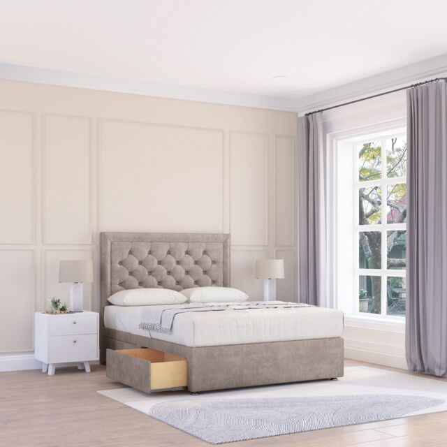 "Sloomy Montana Plush Bed Set With 4 Drawers, Mattress & 54"" Headboard in Stone - Size: King" - image 1