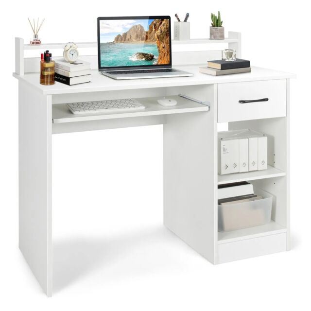 Costway Wooden Computer Desk W/ Keyboard Tray Home Office Writing Desk Vanity Dressing Table in White - image 1