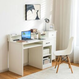 Costway Wooden Computer Desk W/ Keyboard Tray Home Office Writing Desk Vanity Dressing Table in White - thumbnail 3