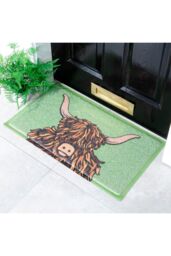 Artsy Mats Highland Cow Doormat in Green - Size: 40 cm x 70 cm
