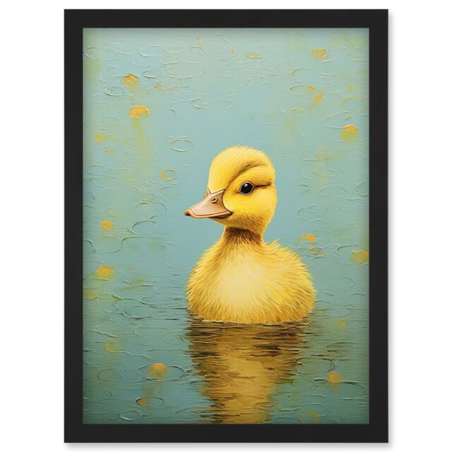 Artery8 Wall Art Print Duckling on the Water Oil Painting Yellow & Duck Egg Blue Baby Artwork Framed A4 in Black - image 1