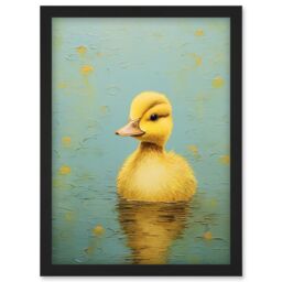 Artery8 Wall Art Print Duckling on the Water Oil Painting Yellow & Duck Egg Blue Baby Artwork Framed A4 in Black - thumbnail 1