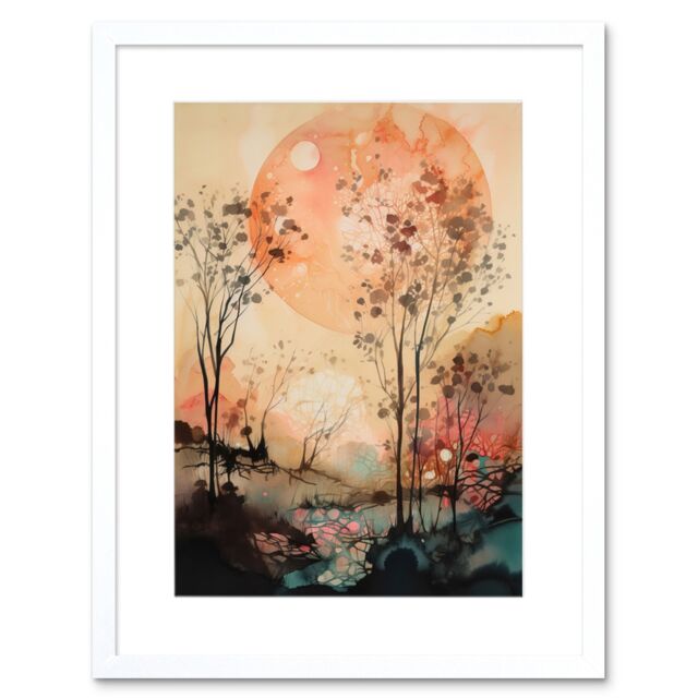 "Artery8 Wall Art Print Misty Riverside Trees Sunset Landscape Modern Boho Watercolour Painting Artwork Framed 9X7 Inch in White - Size: W7"" x H9""" - image 1