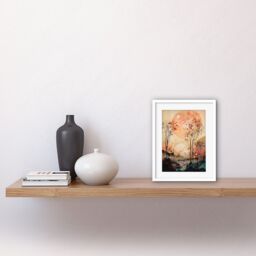 "Artery8 Wall Art Print Misty Riverside Trees Sunset Landscape Modern Boho Watercolour Painting Artwork Framed 9X7 Inch in White - Size: W7"" x H9""" - thumbnail 2