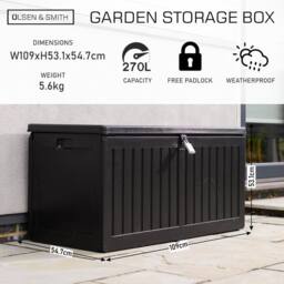 Olsen & Smith 270L Outdoor Plastic Garden Storage Box Lockable Seat in Black - thumbnail 2