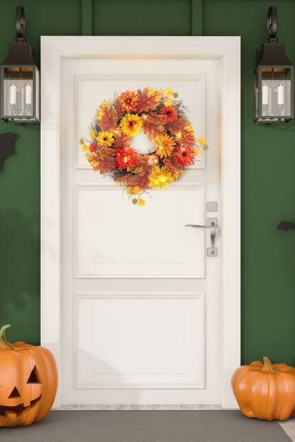 H&O Direct 55cm Autumn Daisy Maple Leaf Wreath Hanging Decoration with LED Light in Brown - image 1